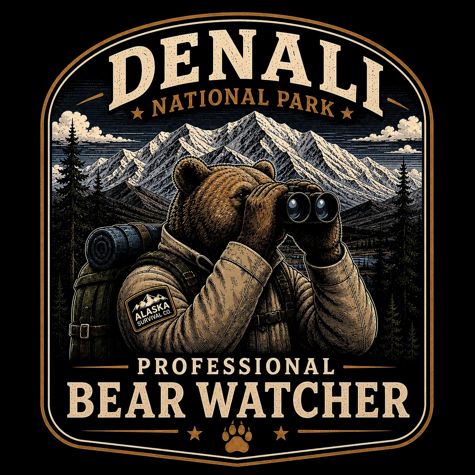 The Professional Bear Watcher illustration: an outfitted bear holding binoculars beneath Denali
