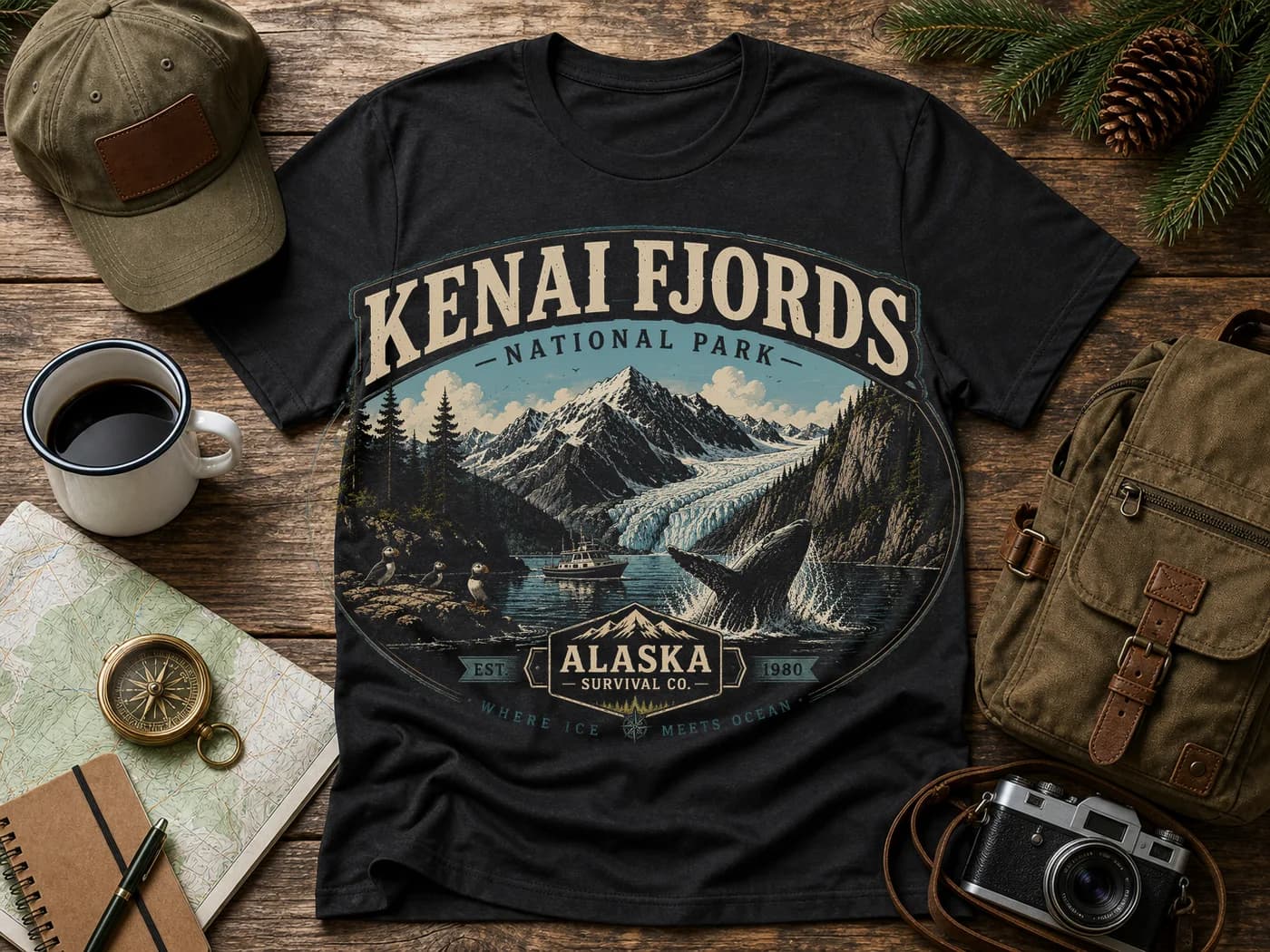 Kenai Fjords illustrated shirt concept showing mountains, a glacier, and coastal wildlife